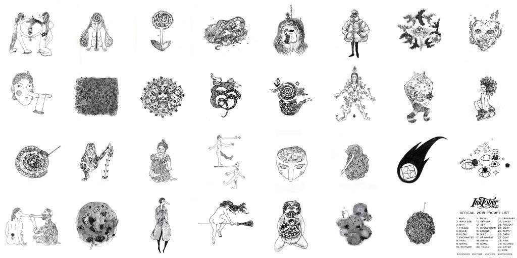 Visualized are 31 black and white ink illustrations made for the Inktober 2019 challenge. They are responding to 31 prompts for all the days in the month of October